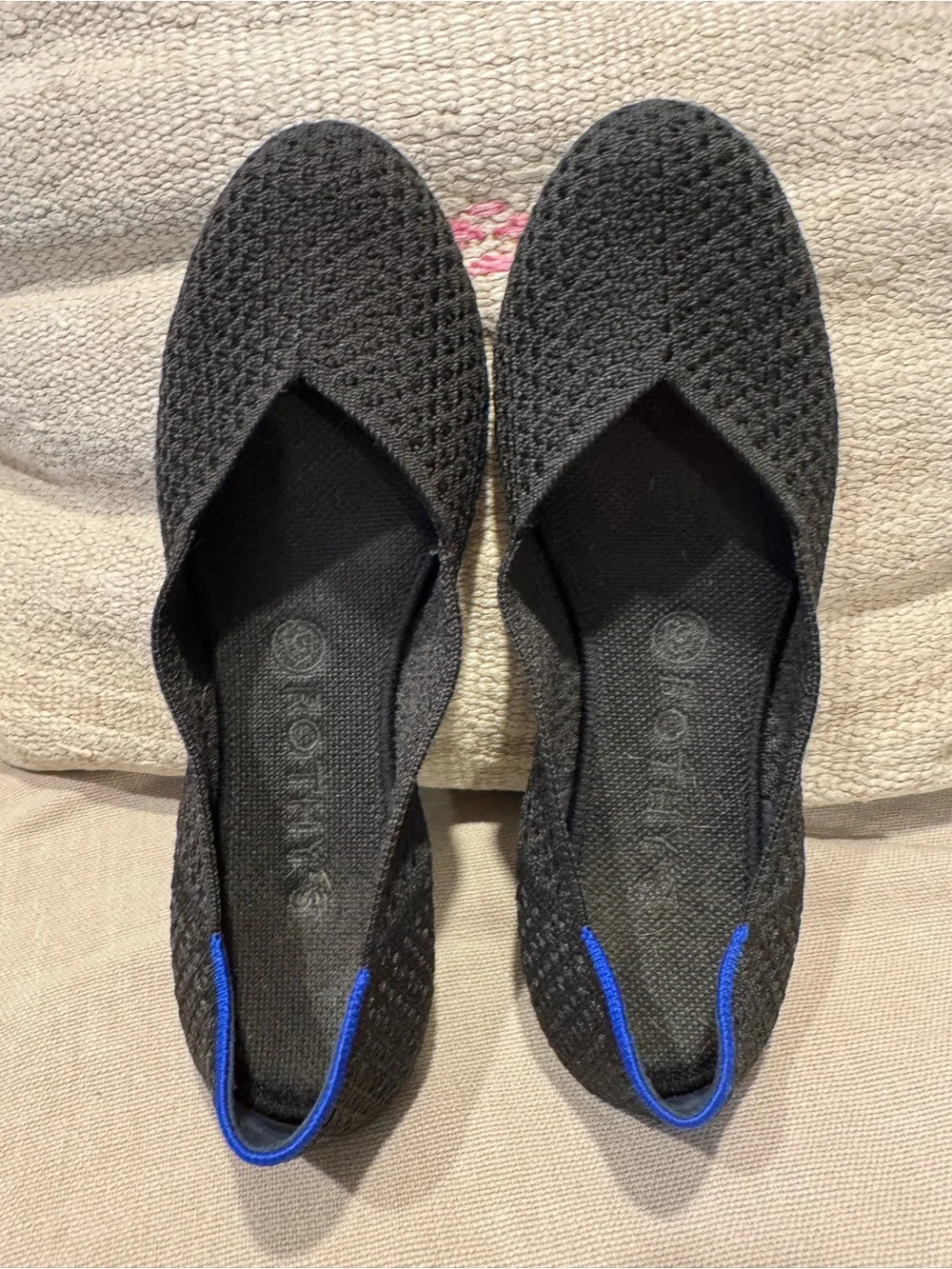 Rothy’s - The Point - Black Knit Flats with Blue Heel Trim- Shrunk / Fits Like 8